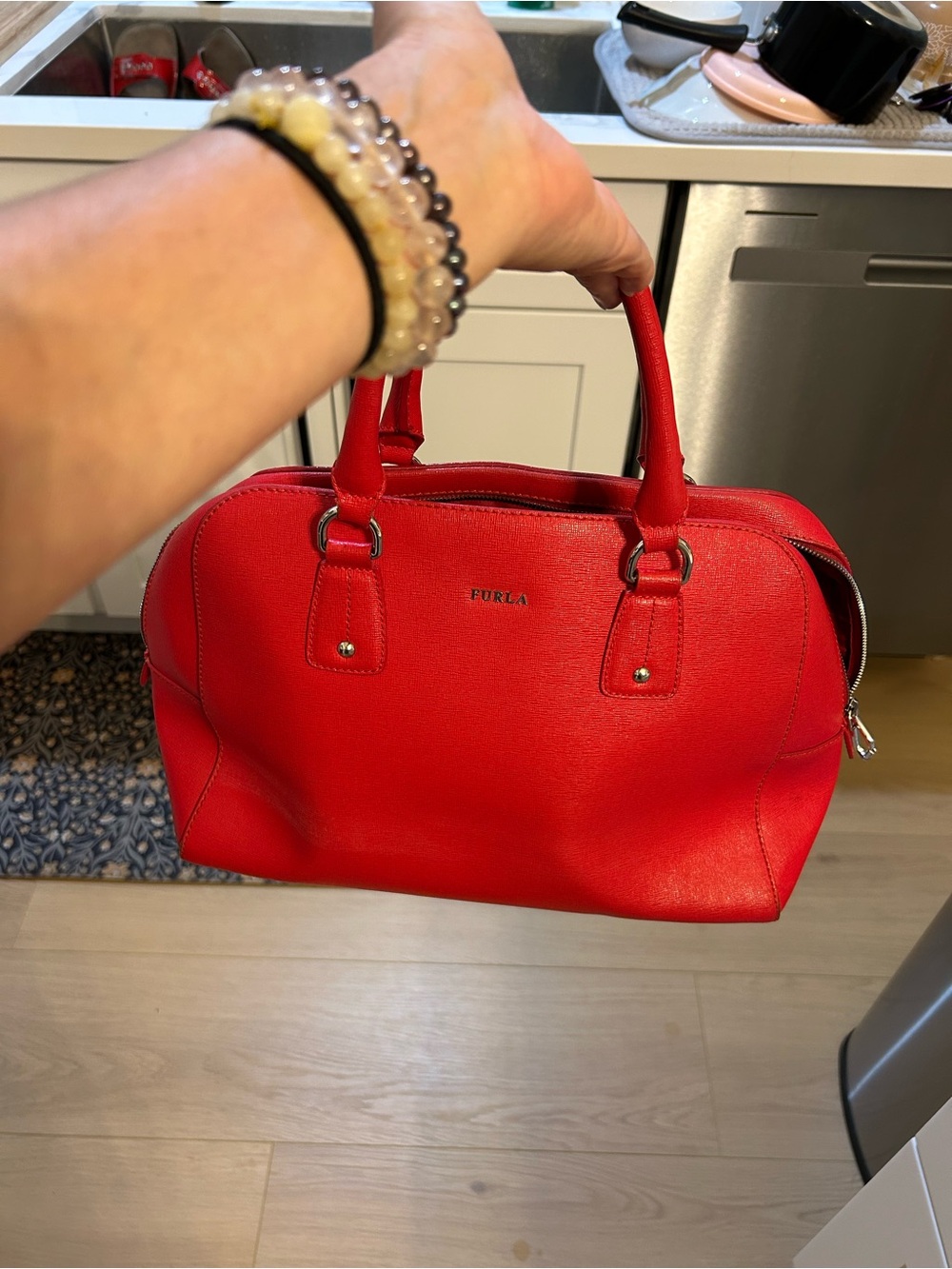 Furla Elena Satchel Saffiano Bright Red Leather Dome Satchel Top Handles READ - Picture 4 of 16